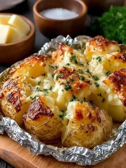 Crispy Parmesan Baked Potatoes served hot on a plate