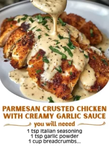 Parmesan Crusted Chicken topped with creamy garlic sauce on a white plate
