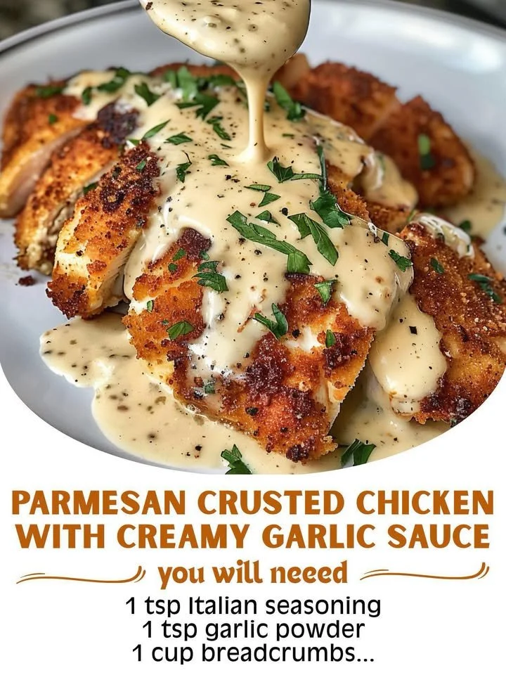 Parmesan Crusted Chicken topped with creamy garlic sauce on a white plate