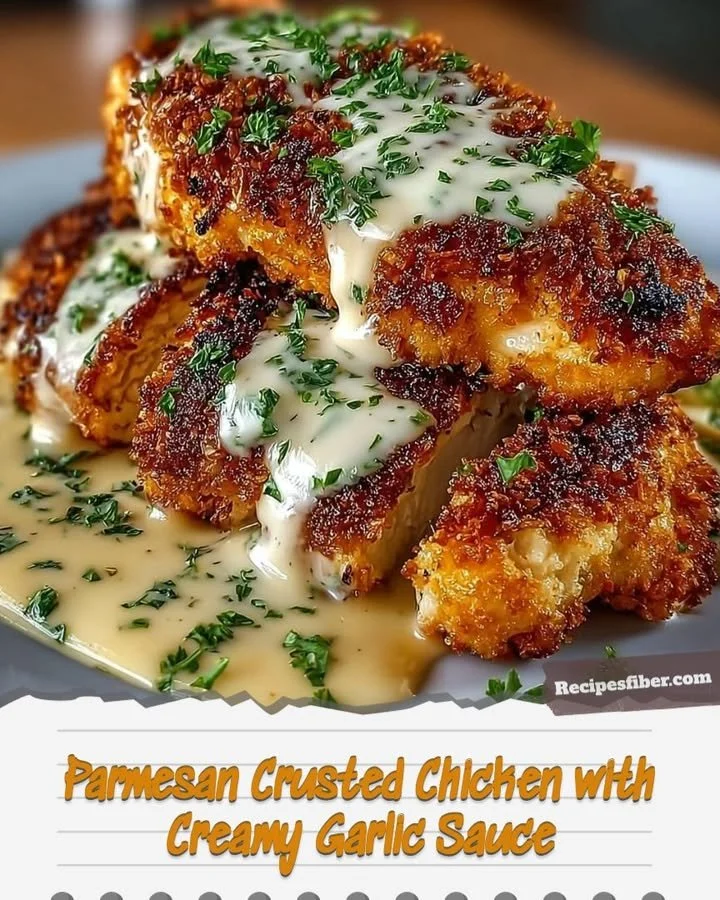 Parmesan Crusted Chicken served with creamy garlic sauce on a white plate