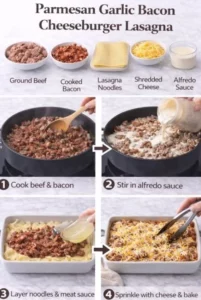 Parmesan Garlic Bacon Cheeseburger Lasagna layers with cheese and bacon