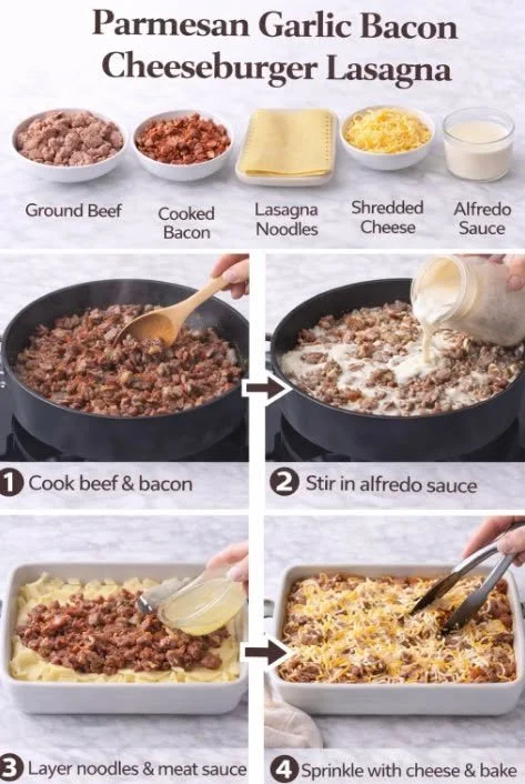 Parmesan Garlic Bacon Cheeseburger Lasagna layers with bacon and cheese