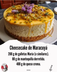 Slice of passion fruit cheesecake topped with fresh passion fruit puree.