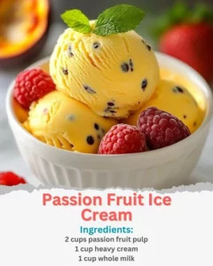 Delicious homemade Passion Fruit Ice Cream in a bowl garnished with fresh fruit.