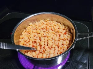 Pasta shells cooked in rich tomato juice served in a bowl