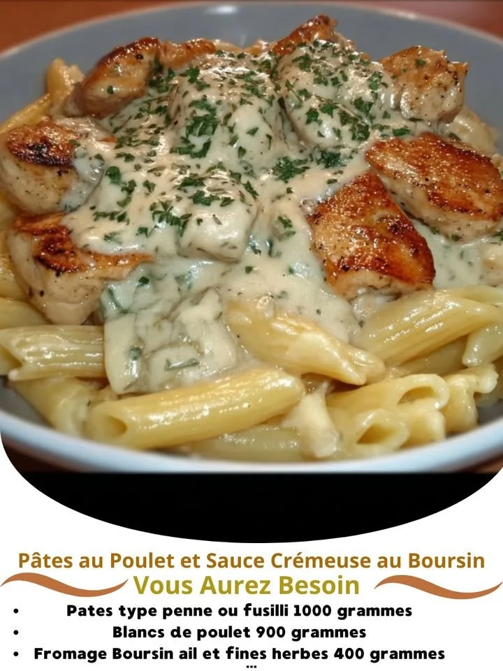 Pasta with chicken and creamy boursin sauce dish garnished with herbs