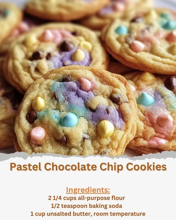 Pastel chocolate chip cookies on a plate, perfect for a colorful treat.