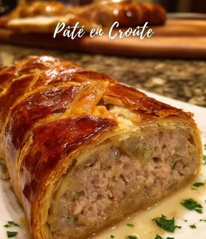 Delicious homemade pâté in crust served on a wooden board.