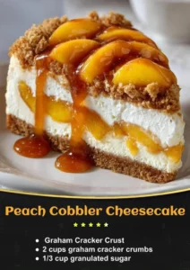 Delicious slice of peach cobbler cheesecake topped with fresh peaches.