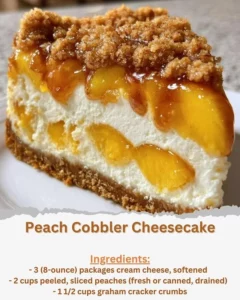 Delicious slice of peach cobbler cheesecake with peaches and a crumbly topping