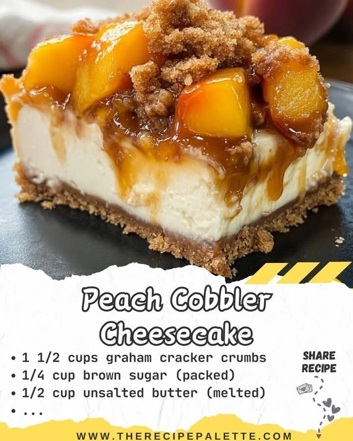 Delicious Peach Cobbler Cheesecake slice with fresh peaches and cobbler topping.