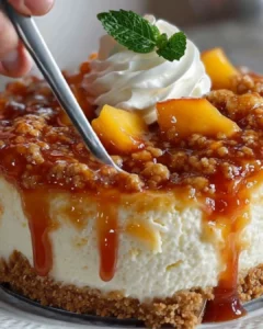 Delicious peach cobbler cheesecake topped with fresh peaches and crumbly crust