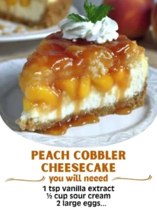 Delicious peach cobbler cheesecake topped with fresh peach slices and crumbly topping