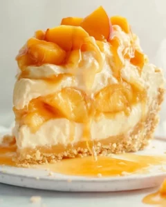 Delicious peach cobbler cheesecake with a golden crust and peach topping