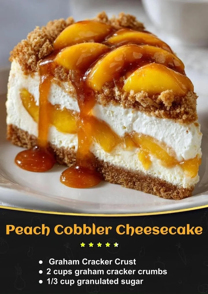 Slice of Peach Cobbler Cheesecake with fresh peaches on top