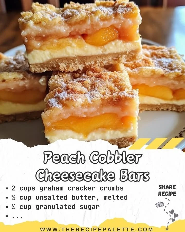 Delicious Peach Cobbler Cheesecake Bars topped with fresh peaches.