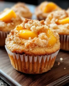 Freshly baked Peach Cobbler Muffins topped with peaches and crumble.