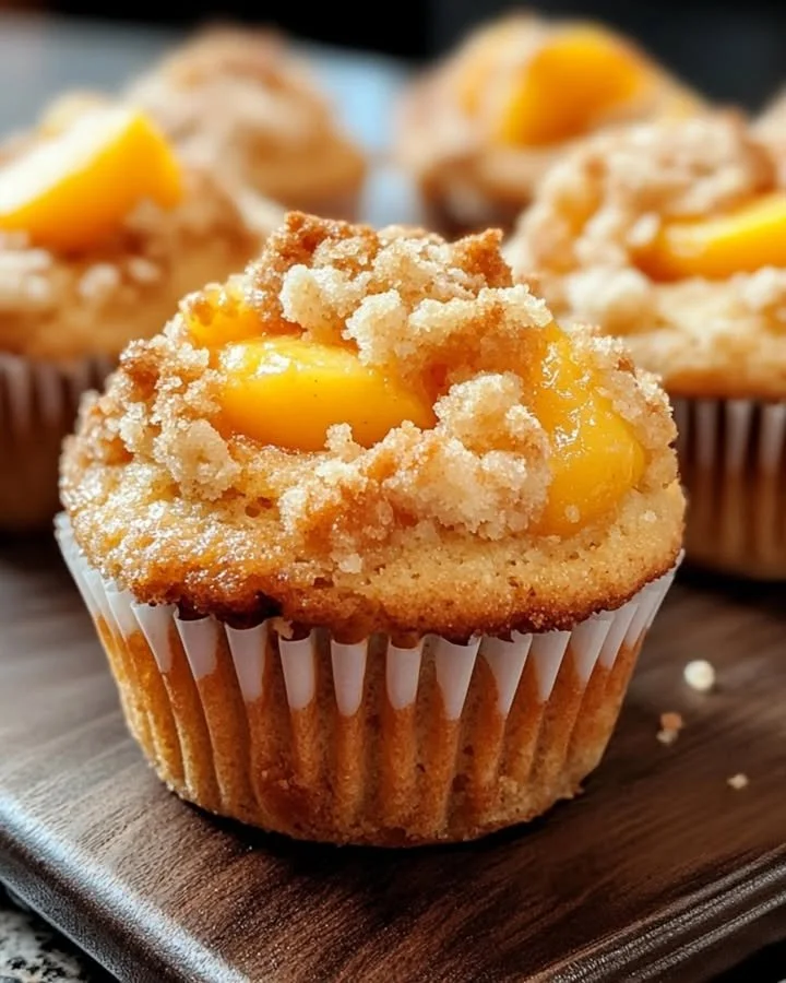 Freshly baked Peach Cobbler Muffins topped with peaches and crumble.