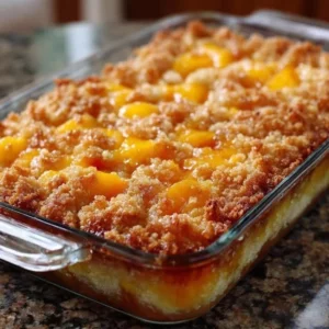 Delicious Peach Dump Cake topped with crispy golden crust and fresh peaches