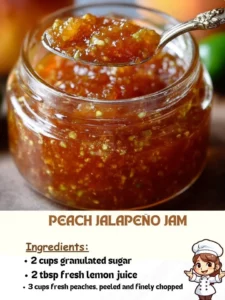 Homemade Peach Jalapeño Jam in a jar with fresh peaches and jalapeños