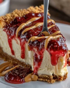 Peanut Butter and Jelly Cheesecake with a creamy texture and colorful jelly topping