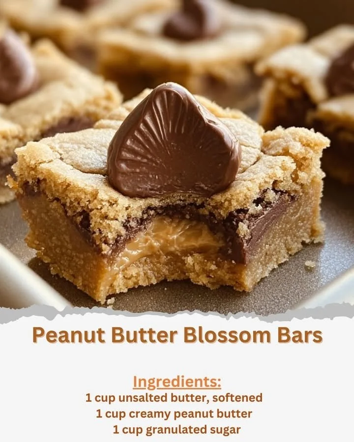 Delicious Peanut Butter Blossom Bars with chocolate kisses topping