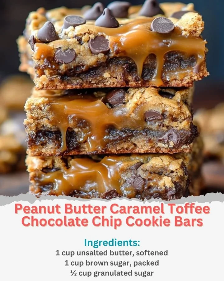 Peanut Butter Caramel Toffee Chocolate Chip Cookie Bars on a rustic plate