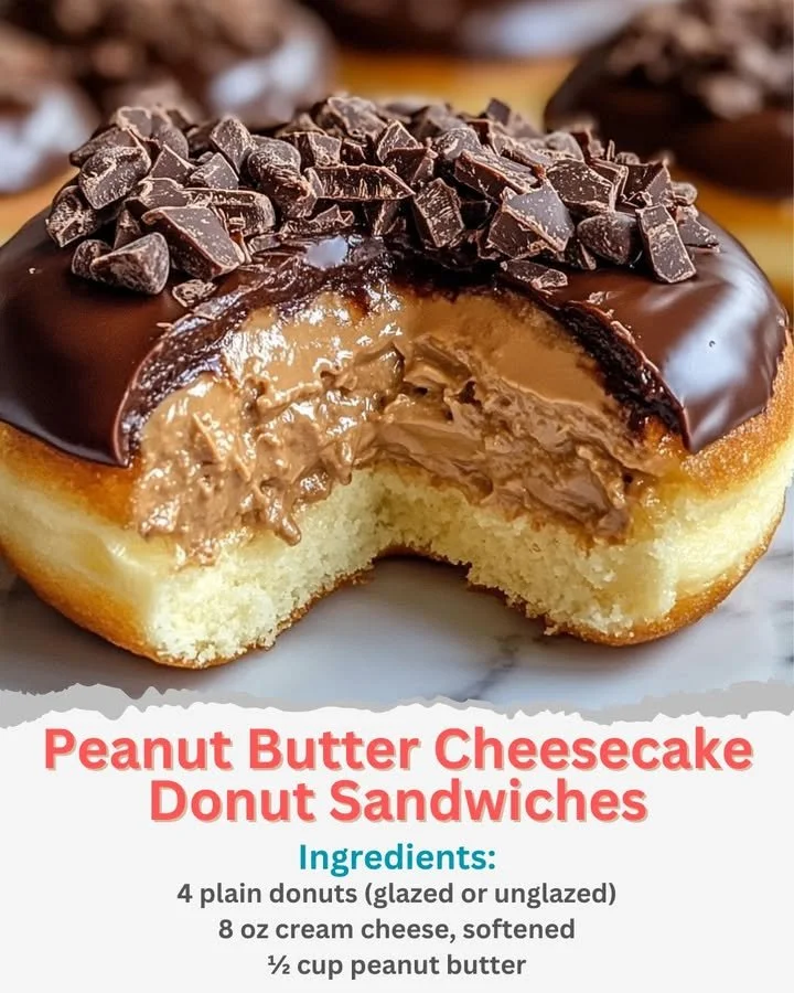 Peanut Butter Cheesecake Donut Sandwiches layered with creamy cheesecake filling