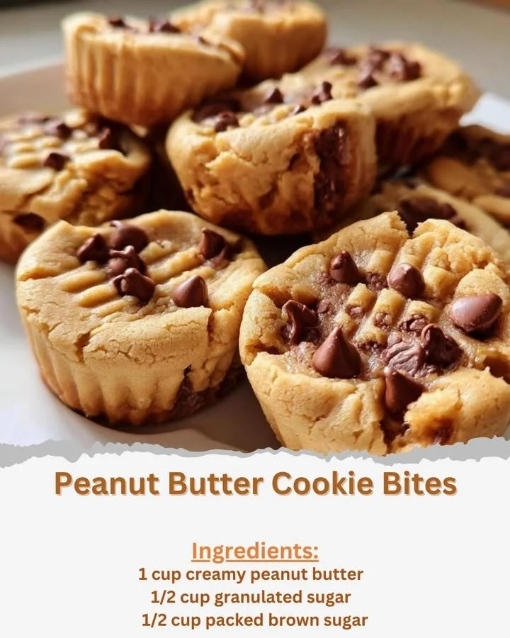 Delicious peanut butter cookie bites on a wooden table with a glass of milk