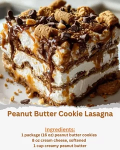 Delicious Peanut Butter Cookie Lasagna with layers of creamy filling and peanut butter cookies