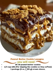 Delicious Peanut Butter Cookie Lasagna with layers of creamy peanut butter and cookies