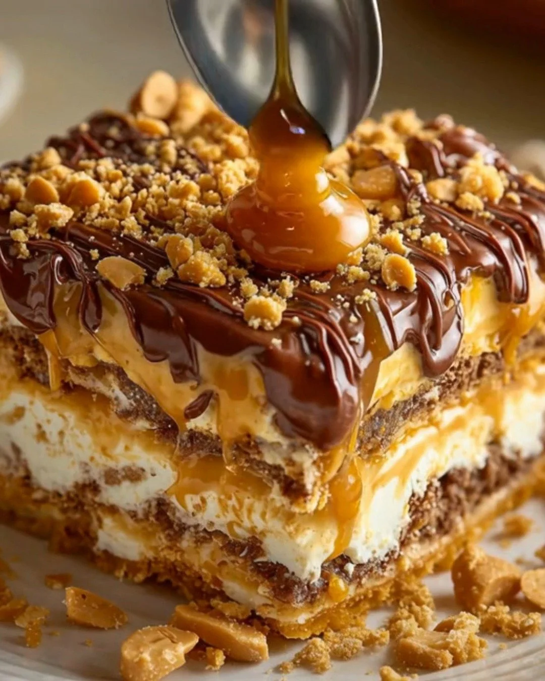 Delicious Peanut Butter Crunch Lasagna layered with creamy peanut butter and crunchy toppings.