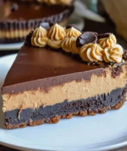 Delicious slice of Peanut Butter Cup Cheesecake topped with chocolate and peanut butter cups