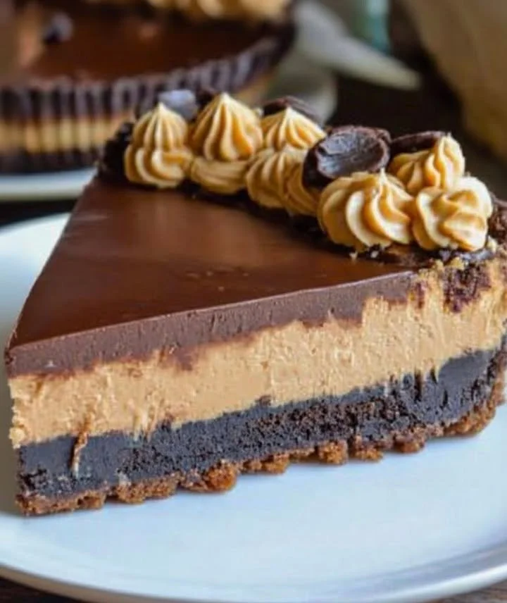 Delicious slice of Peanut Butter Cup Cheesecake topped with chocolate and peanut butter cups