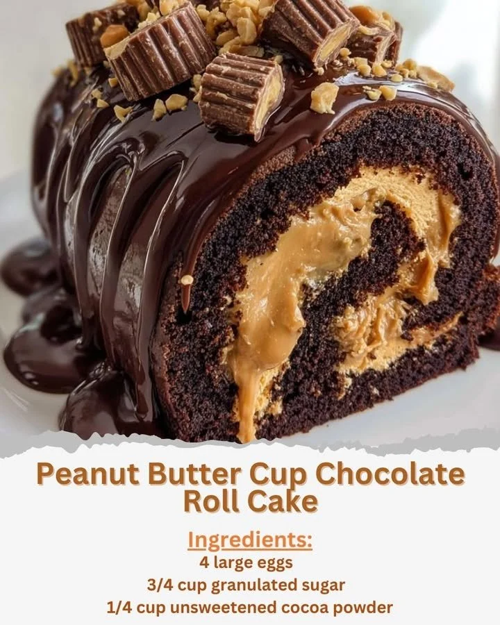 Peanut Butter Cup Chocolate Roll Cake decorated with creamy peanut butter and chocolate icing