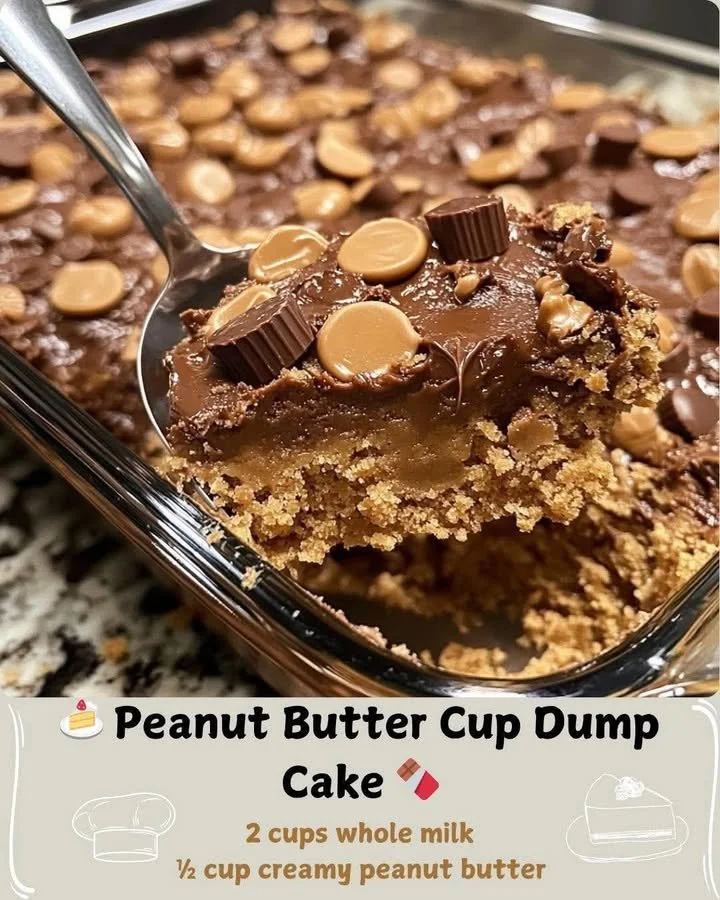 Delicious Peanut Butter Cup Dump Cake with chocolate and peanut butter layers
