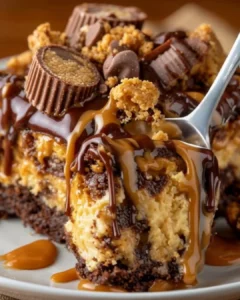 Delicious Peanut Butter Cup Dump Cake topped with creamy layers and chocolate