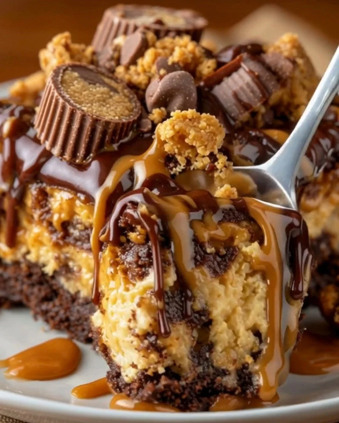Delicious Peanut Butter Cup Dump Cake topped with creamy layers and chocolate