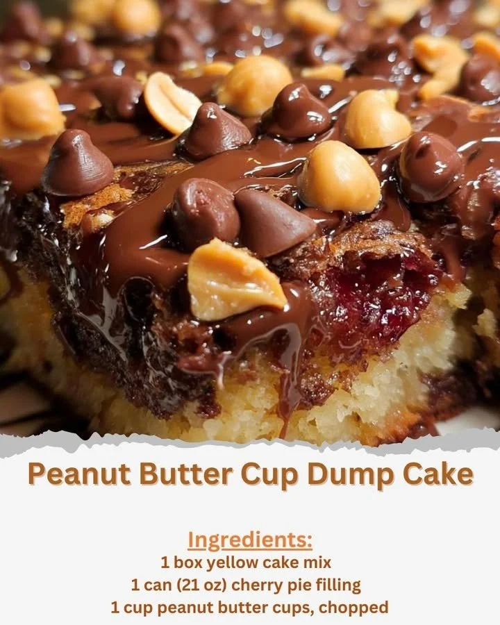Delicious Peanut Butter Cup Dump Cake topped with chocolate and peanut butter cups