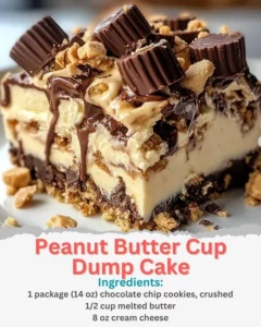 Peanut Butter Cup Dump Cake topped with melted chocolate and peanut butter cups
