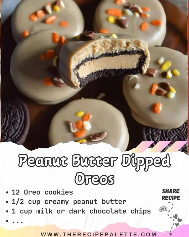 Delicious Peanut Butter Dipped Oreos stacked on a plate