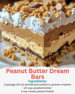 Delicious Peanut Butter Dream Bars garnished with chocolate drizzle.