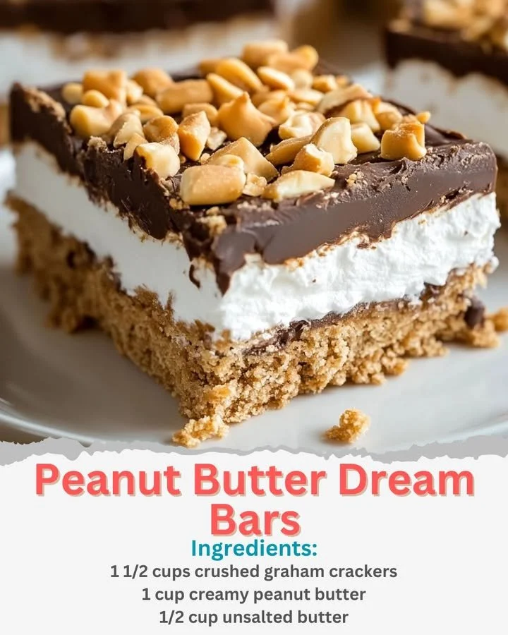 Delicious Peanut Butter Dream Bars topped with chocolate and peanuts
