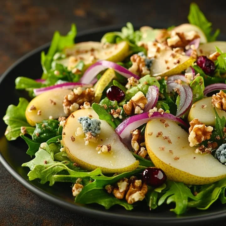 Delicious Pear Blue Cheese Walnut Salad with fresh ingredients and vibrant colors.