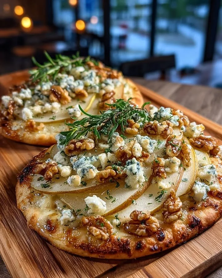 Pear and blue cheese flatbread with walnut-honey drizzle on a wooden board.