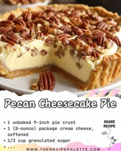 Delicious pecan cheesecake pie topped with crunchy pecans and creamy filling.