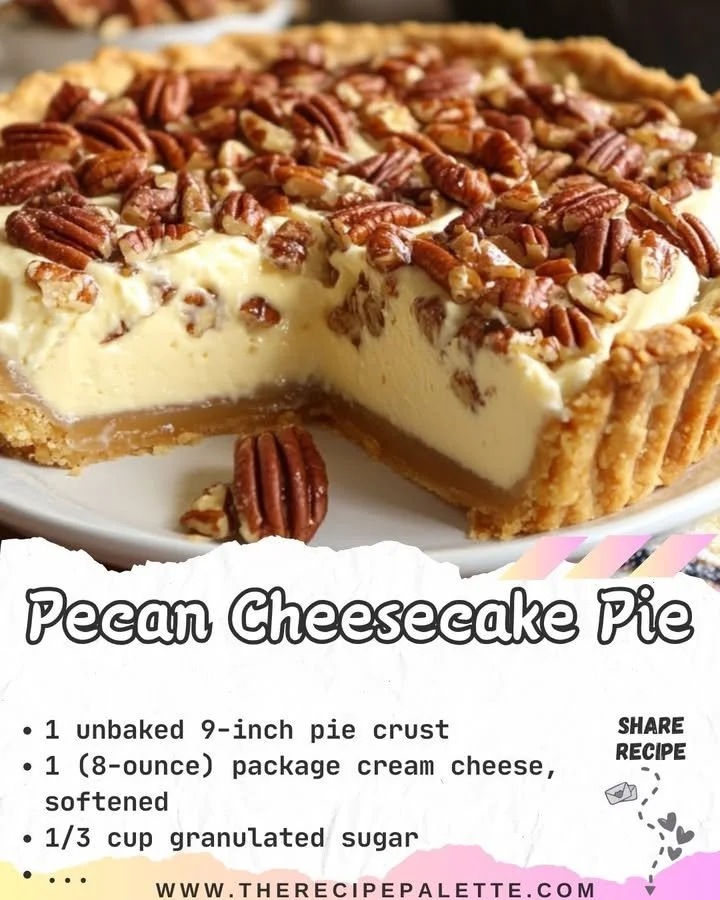 Delicious slice of Pecan Cheesecake Pie topped with pecans on a white plate.