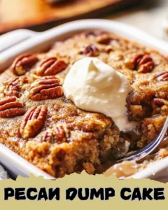Delicious pecan dump cake dessert topped with pecans and caramel