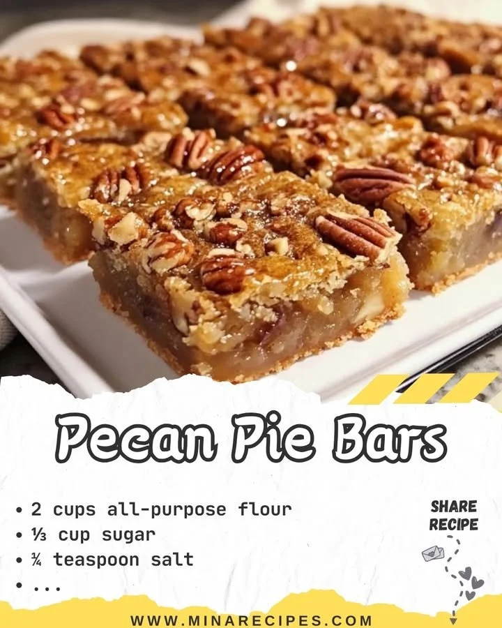 Delicious pecan pie bars served on a wooden platter, topped with caramel.