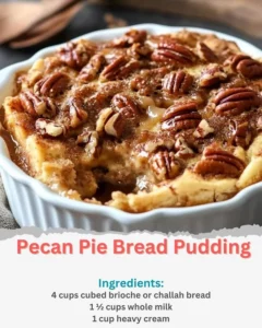Delicious pecan pie bread pudding served in a rustic dish.